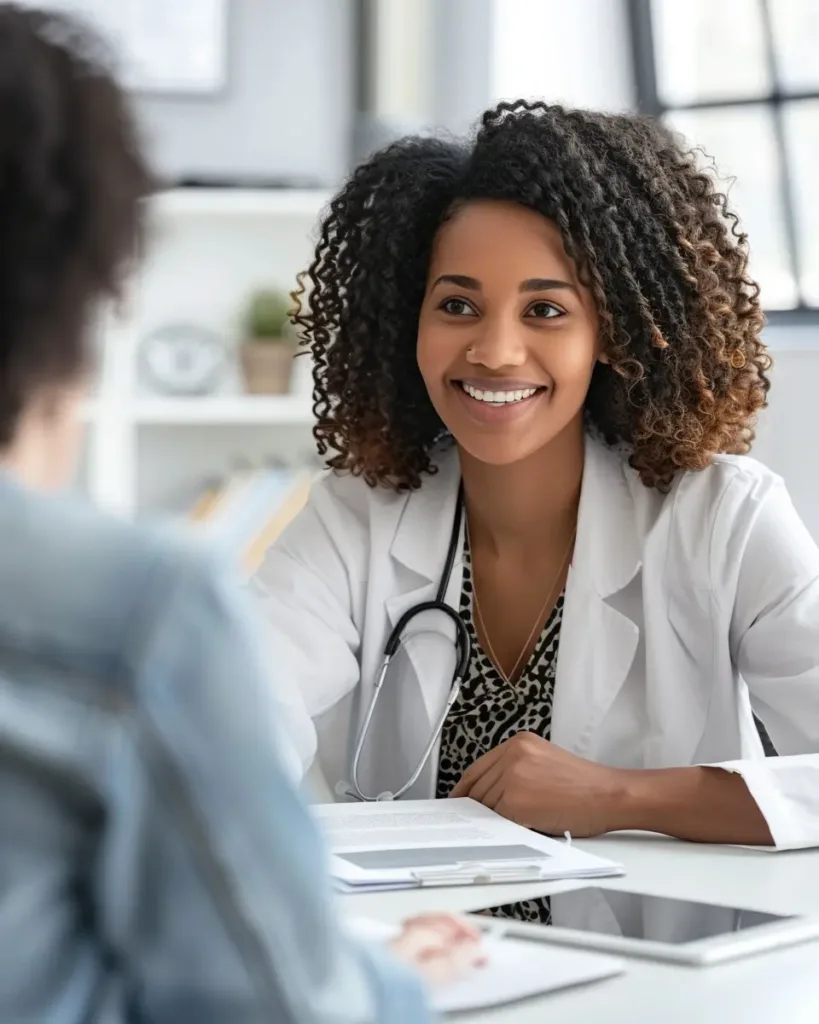 Health Insurance Health Insurance Smiling female health insurance advisor meeting with a patient to discuss medical coverage options in the USA.