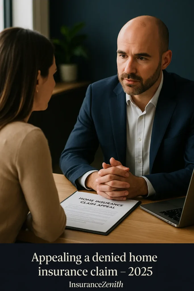 7 Steps When Your Home Insurance Claim Denied Home Insurance Claim Denied Homeowner meeting with insurance agent to appeal a denied home insurance claim – 2025