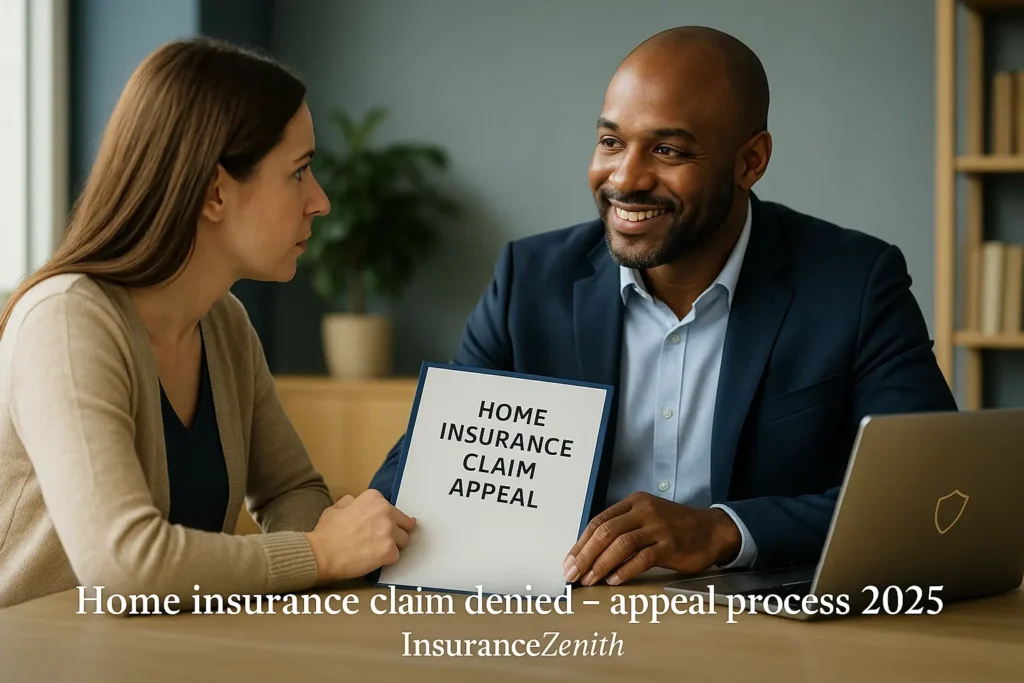 7 Steps When Your Home Insurance Claim Denied Home Insurance Claim Denied Homeowner meeting with insurance agent reviewing a denied home insurance claim appeal – 2025