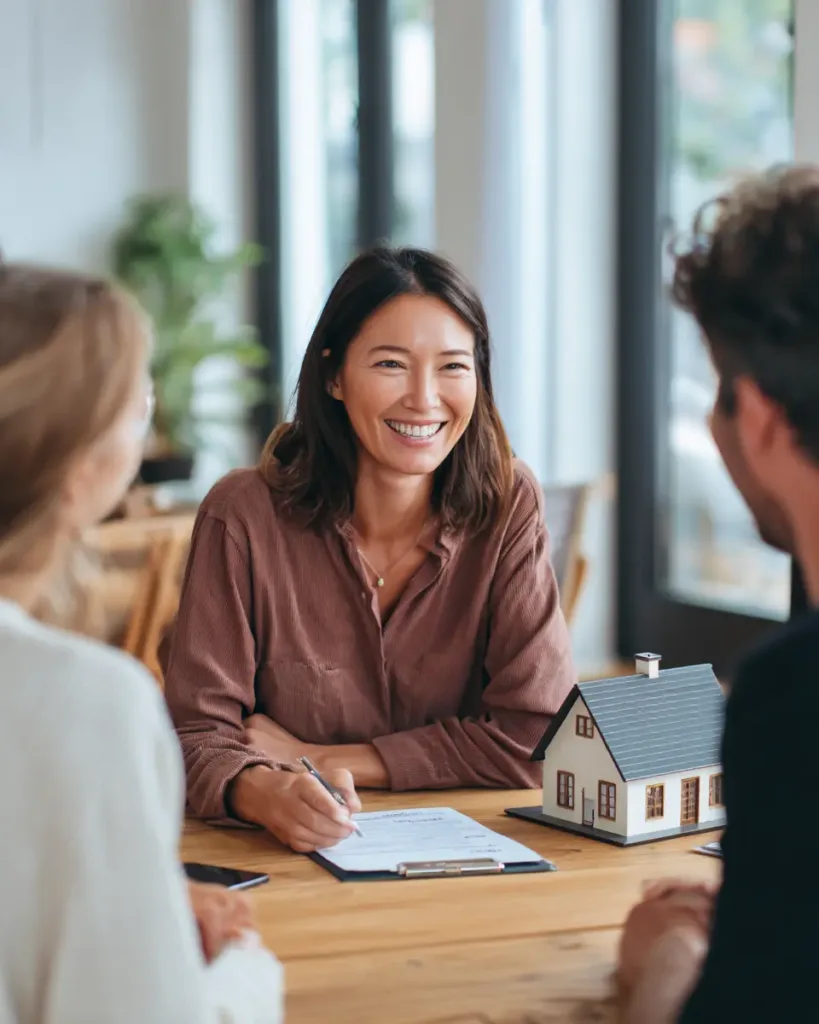 Home Insurance Home Insurance Homeowners insurance advisor meeting with a couple to review policy documents, with a small model house on the desk in a professional office.