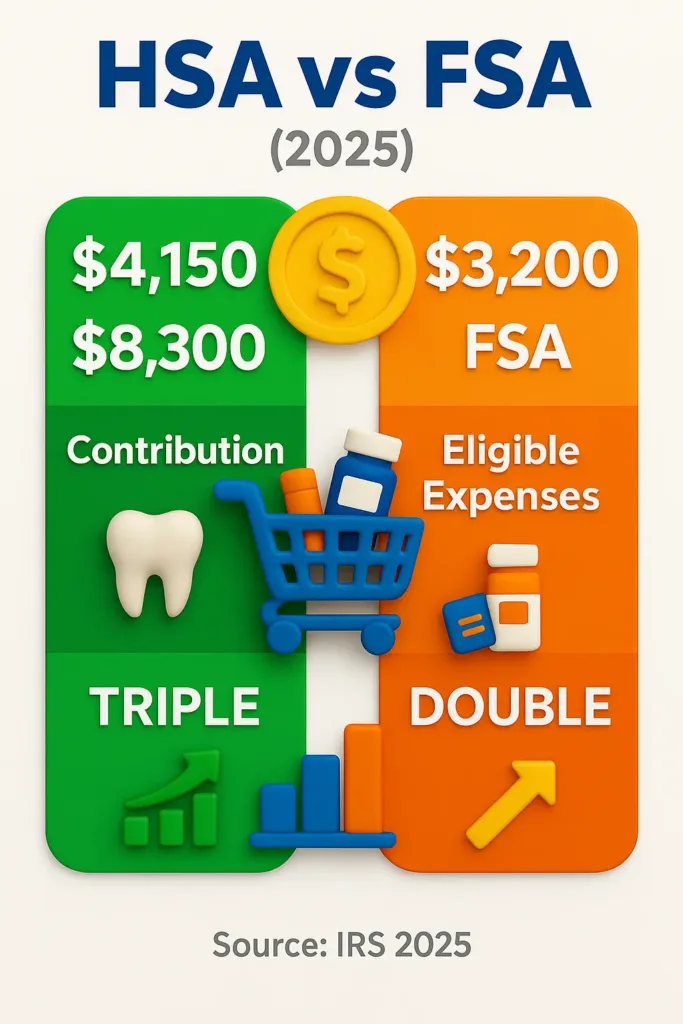 Health Insurance in the USA breast pump through insurance 3D infographic comparing 2025 HSA and FSA contribution limits, eligible expenses, and tax benefits based on official IRS data