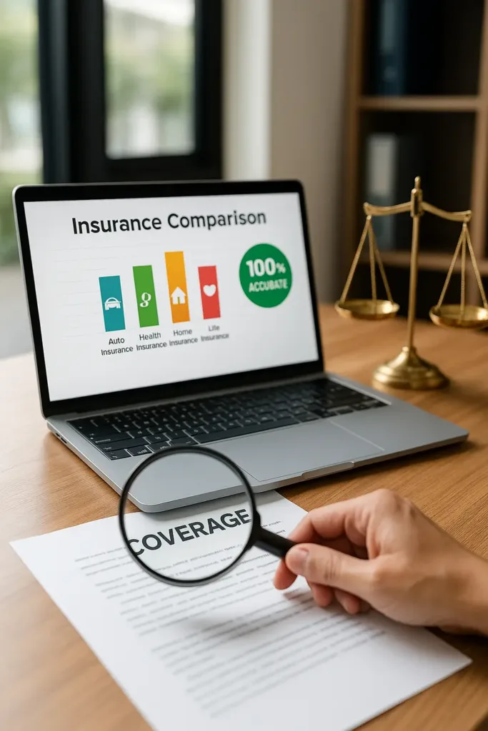 Guide to Insurance in the USA Life Insurance Leads Close-up of a laptop showing insurance comparison chart with auto, health, home, and life coverage options, and a magnifying glass focusing on the word coverage