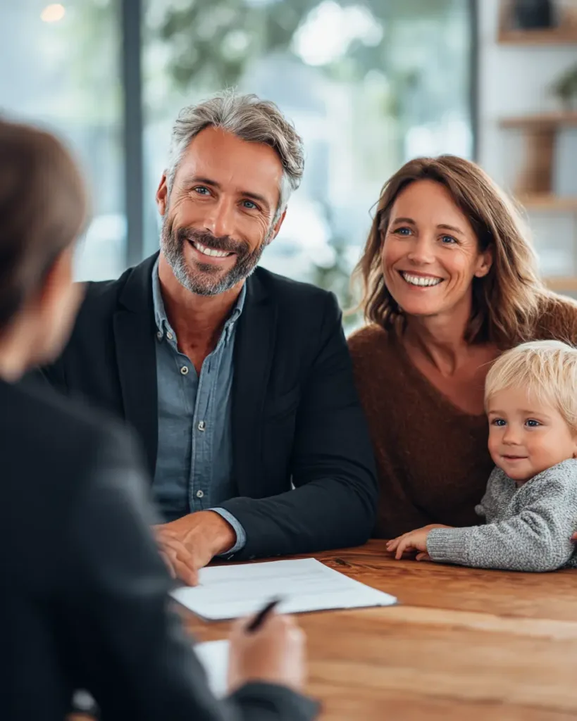 Life Insurance Life Insurance Life insurance advisor meeting with a happy family in the USA, discussing policy options at a modern office table in 2025