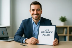Professional insurance agent presenting a life insurance policy document – USA 2025