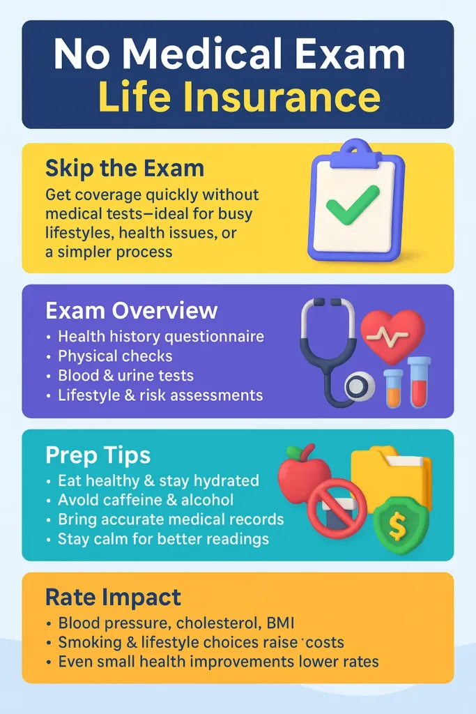 Life Insurance in the USA Life Insurance Leads Infographic explaining no medical exam life insurance with exam overview, preparation tips, and premium rate impact.