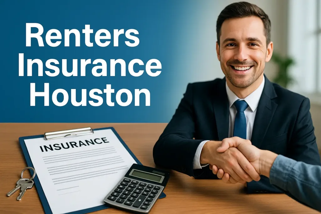 Renters Insurance Renters Insurance Smiling insurance agent shaking hands with client, next to renters insurance contract, keys, and calculator in Houston office.