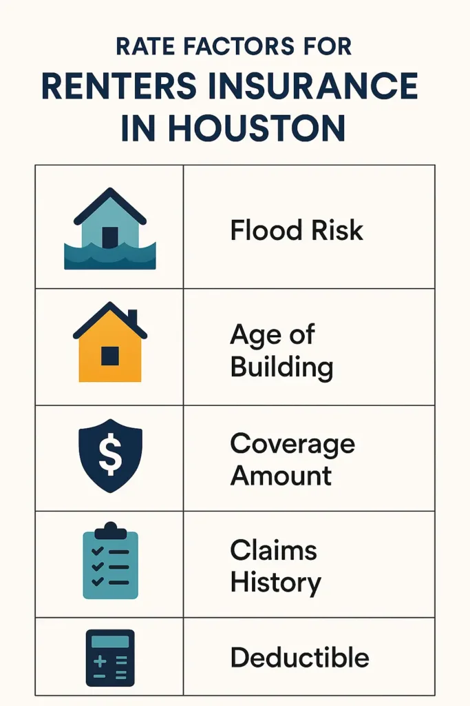 Renters Insurance Houston – Smart Tips to Save in 2025 renters insurance houston Chart showing factors that affect renters insurance Houston rates, including flood risk and building age.