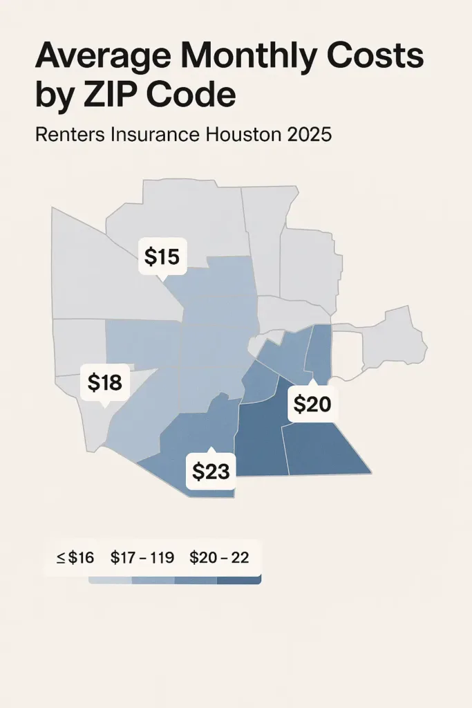 Renters Insurance Houston – Smart Tips to Save in 2025 renters insurance houston Infographic of average renters insurance Houston costs by ZIP code in 2025, highlighting local risk factors.