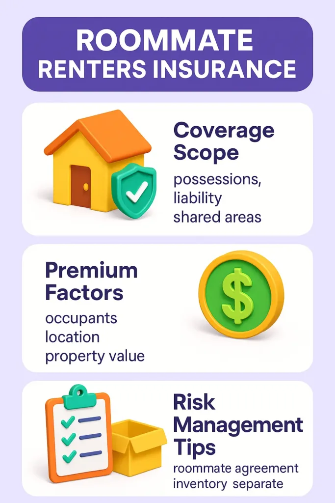 Renters Insurance in the USA renters insurance houston Infographic explaining roommate renters insurance with coverage scope, premium factors, and risk management tips using colorful icons.