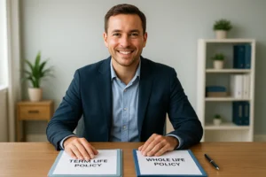 Advisor explaining term vs whole life insurance pros and cons with policy documents – 2025