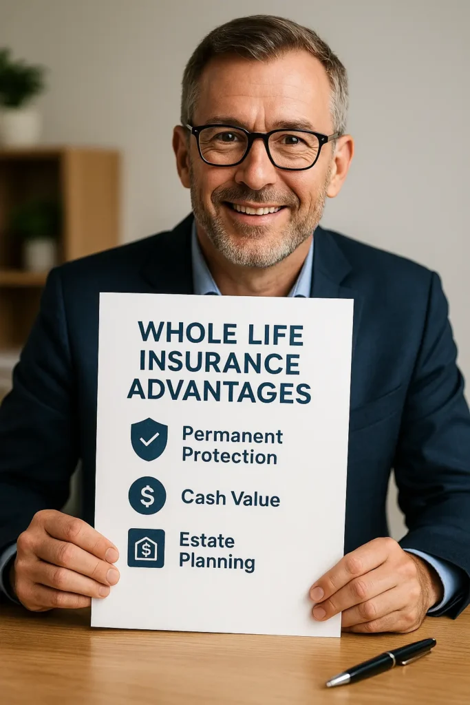 Term vs Whole Life Insurance Pros and Cons Term vs Whole Life Insurance Pros and Cons Advisor presenting whole life insurance advantages: permanent protection, cash value, estate planning – 2025