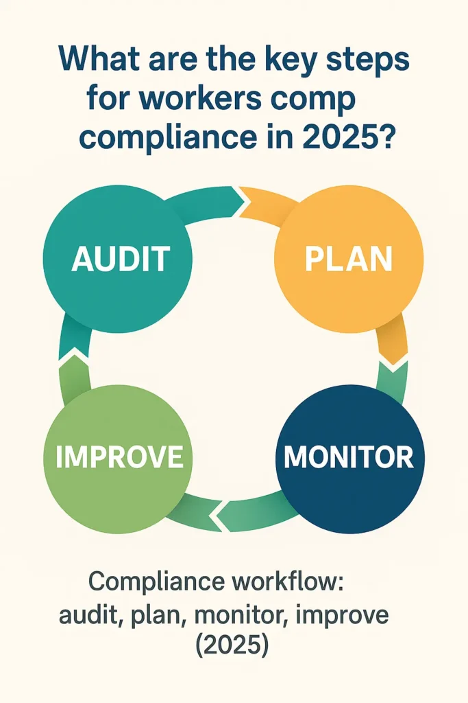 Workers Comp Requirements by State Workers Comp Requirements by State Circular process diagram showing audit, plan, monitor, improve for workers comp compliance 2025