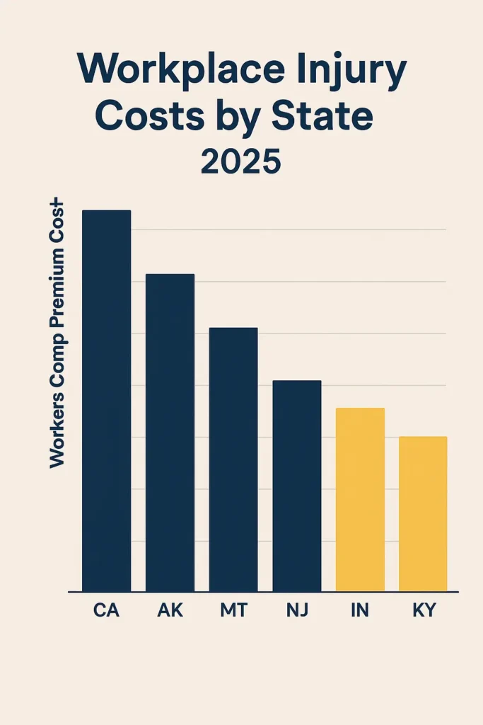 Workers Comp Requirements by State Workers Comp Requirements by State Bar chart comparing workers comp costs by state, highest vs lowest 2025