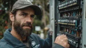 Homeowner reviewing electric insurance policy documents with electrical panel and coverage details