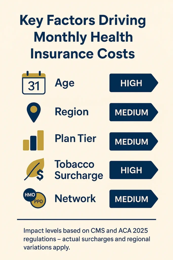 Average Health Insurance Cost Per Month USA - Complete Guide 2025 average health insurance cost per month USA infographic checklist of major factors driving Average Health Insurance Cost Per Month USA