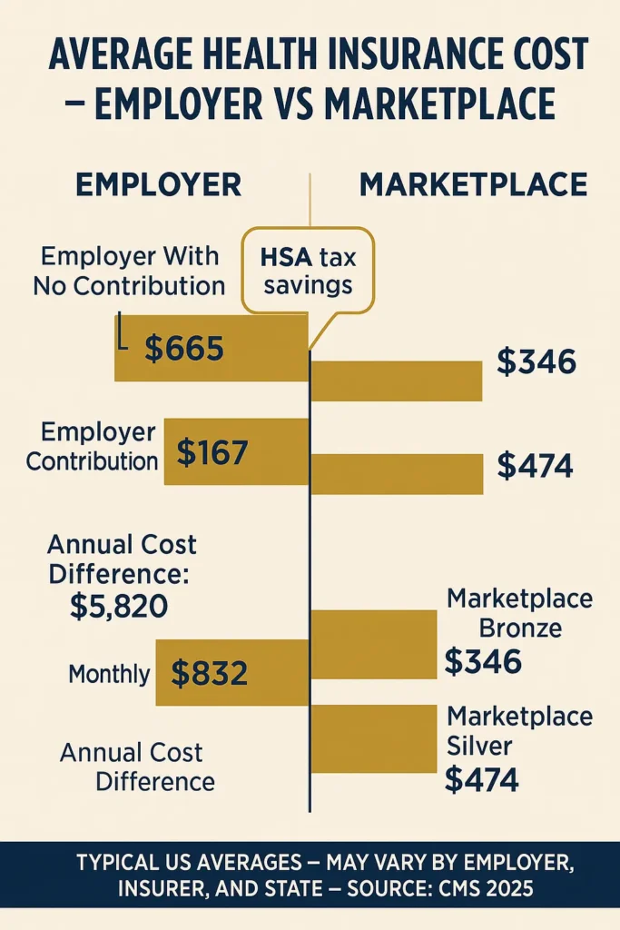 Average Health Insurance Cost Per Month USA - Complete Guide 2025 average health insurance cost per month USA side-by-side chart comparing employer versus marketplace monthly health insurance costs in USA