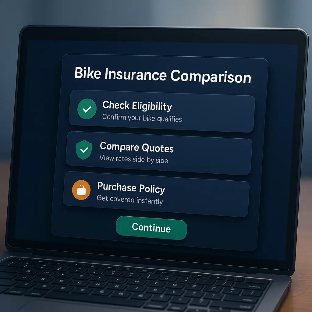 One Day Bike Insurance Cover — Complete Guide 2025 One Day Bike Insurance Cover Bike insurance comparison process displayed on a laptop with clear steps and trust icons