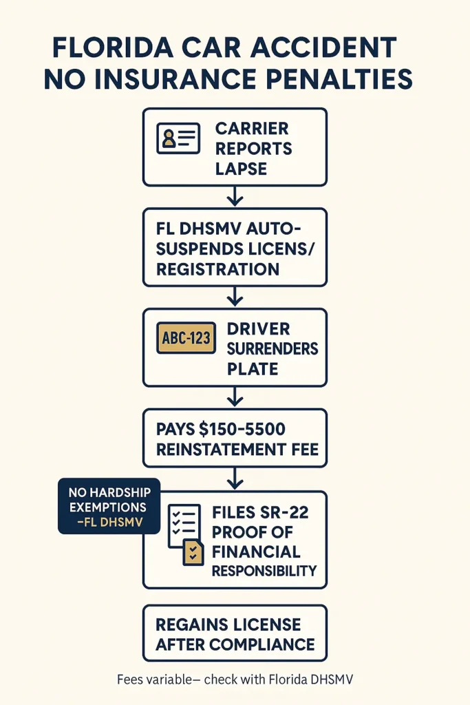 Car Accident No Insurance – Complete Guide 2025 Car Accident No Insurance flow diagram of Florida Car Accident No Insurance penalties and reinstatement steps