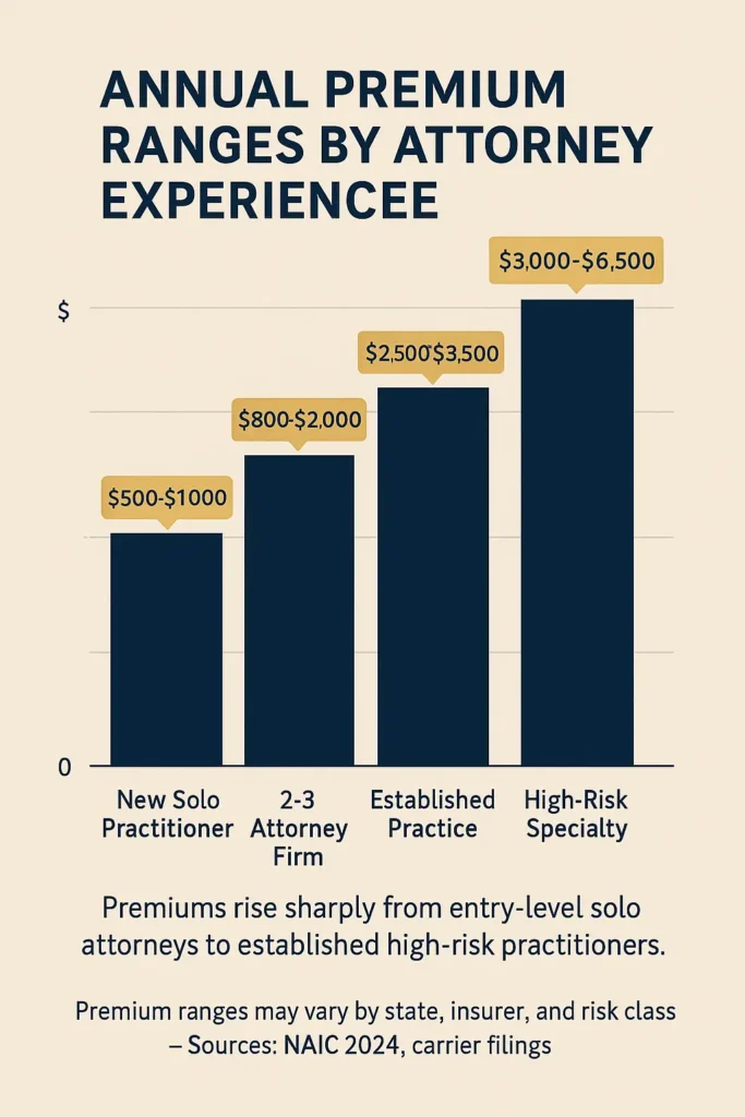 Cost Legal Malpractice Insurance – Complete Guide 2025 Cost Legal Malpractice Insurance Bar chart of annual legal malpractice insurance premiums by attorney experience level