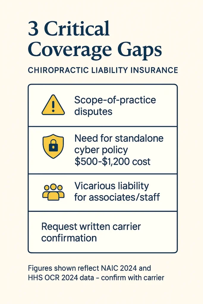 Chiropractic Liability Insurance Guide – 2025 Costs & Coverage Rules chiropractic liability insurance checklist infographic of three major coverage gaps in chiropractic liability insurance