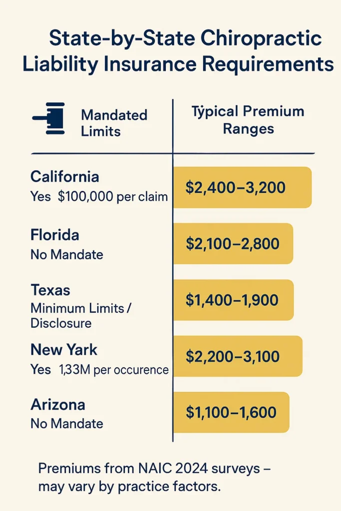 Chiropractic Liability Insurance Guide – 2025 Costs & Coverage Rules chiropractic liability insurance comparison chart of state-specific chiropractic liability insurance mandates and premiums