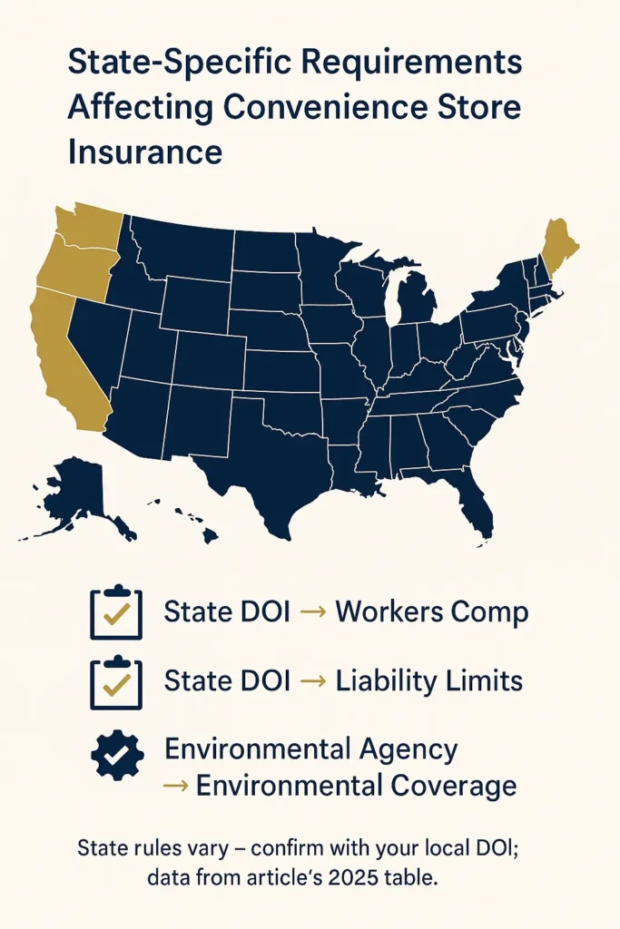 Convenience Store Insurance - Complete Guide 2025 Convenience Store Insurance US map-style infographic highlighting state regulatory impacts on convenience store insurance