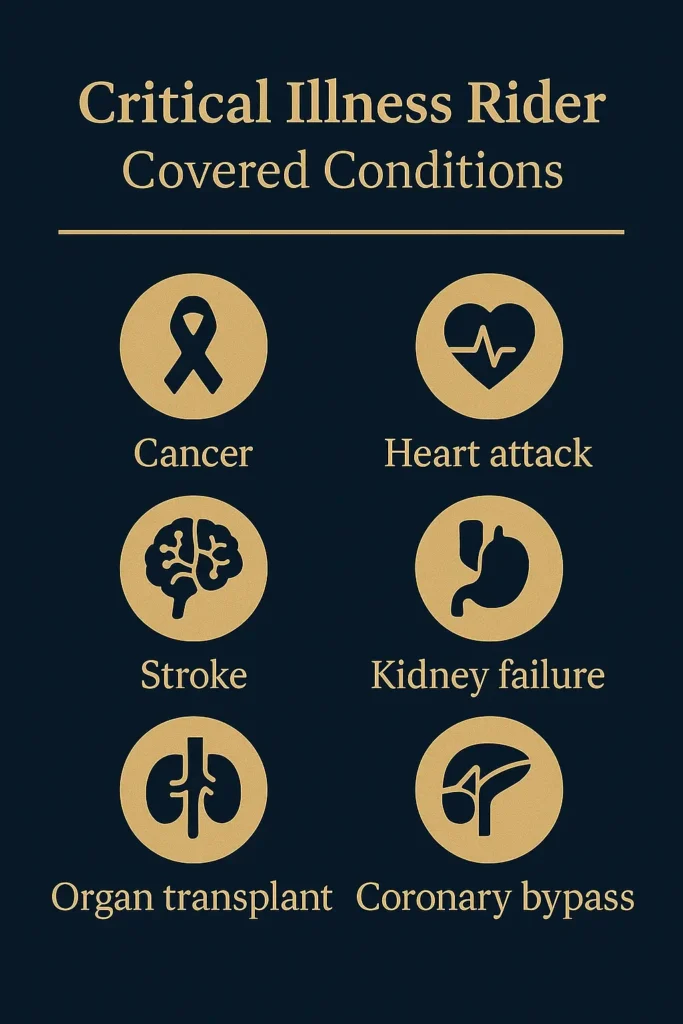 Critical Illness Rider Payout - Complete Guide 2025 Critical Illness Rider Payout Critical illness rider covered conditions checklist infographic