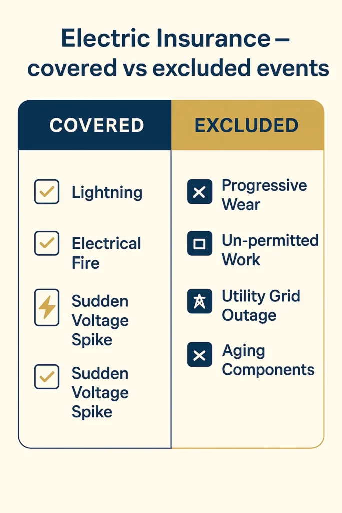 Understanding Electric Insurance Coverage in 2025 Electric Insurance comparison chart of Electric Insurance covered vs excluded electrical events