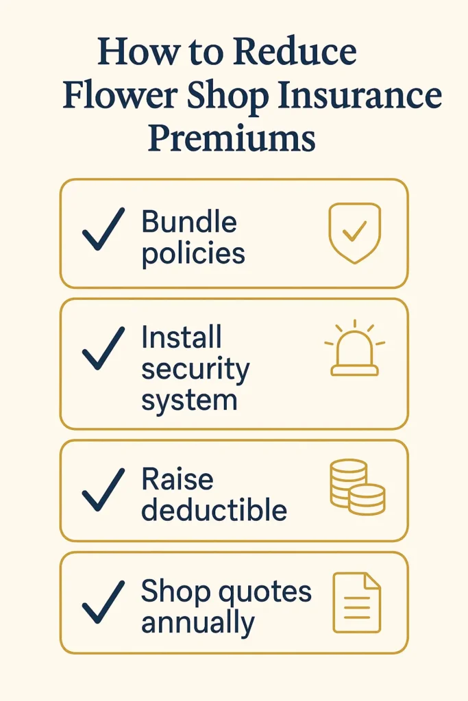 Flower Shop Insurance Requirements and Costs (2025) Flower Shop Insurance checklist infographic of steps to reduce flower shop insurance premiums