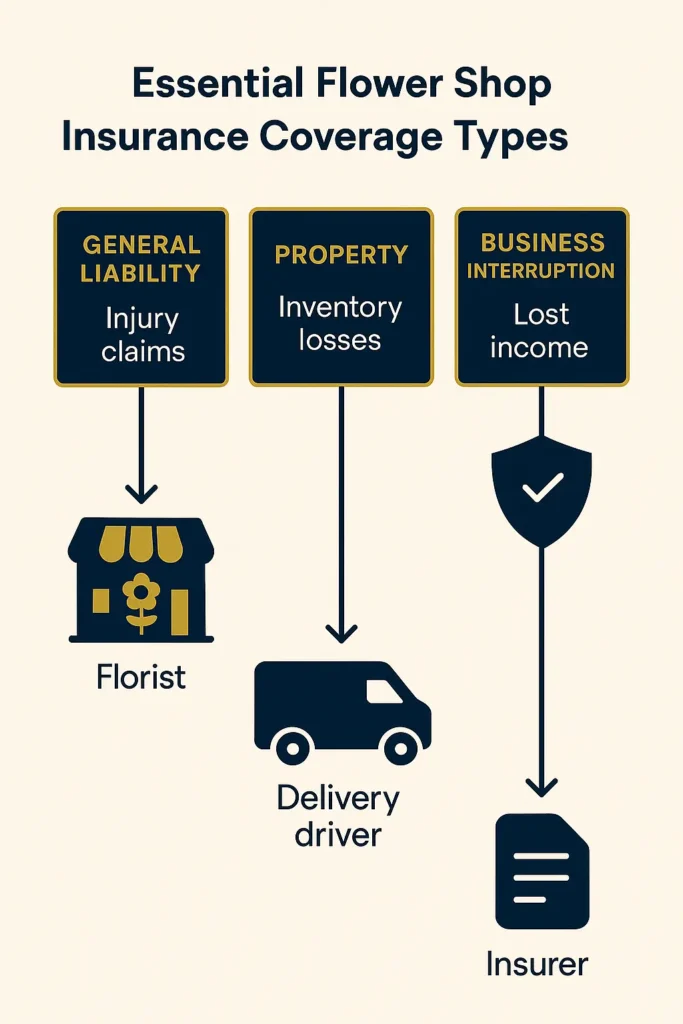 Flower Shop Insurance Requirements and Costs (2025) Flower Shop Insurance infographic showing key flower shop insurance coverage types and who manages each policy