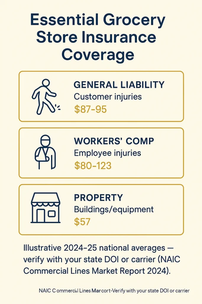 Grocery Store Insurance – Complete Guide 2025 Grocery Store Insurance infographic listing essential grocery store insurance coverages with monthly cost ranges