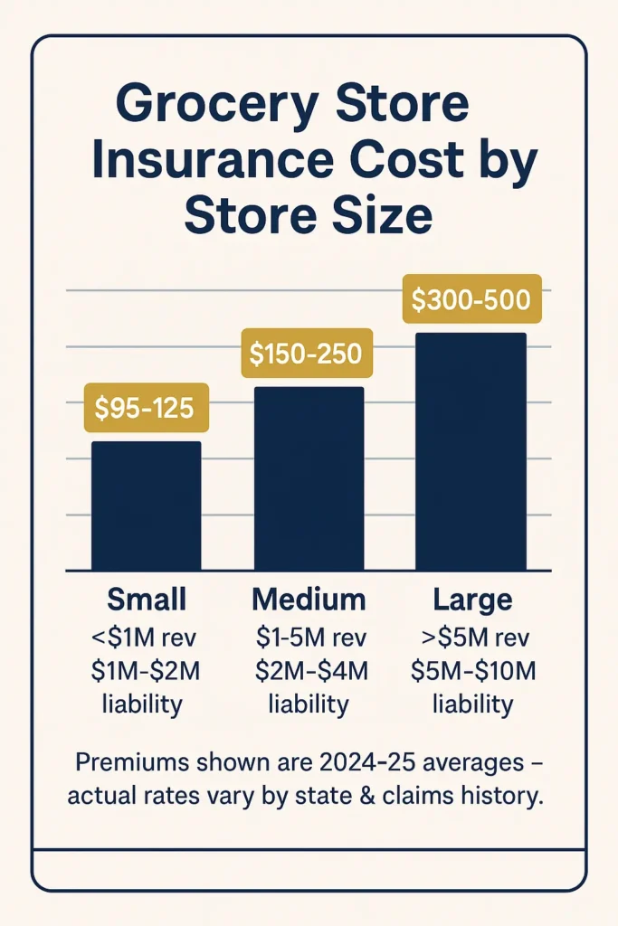 Grocery Store Insurance – Complete Guide 2025 Grocery Store Insurance bar-style chart comparing small medium and large grocery store insurance premiums by revenue tier