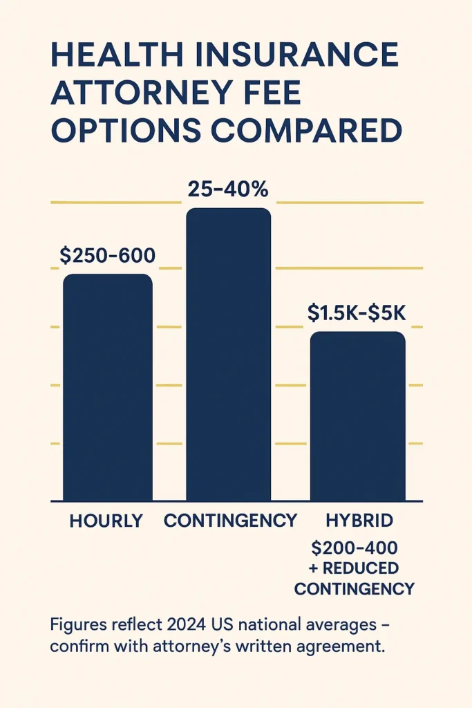 Health Insurance Attorney - Complete Guide 2025 Health Insurance Attorney comparison chart of Health Insurance Attorney fee structures – hourly, contingency, flat, hybrid