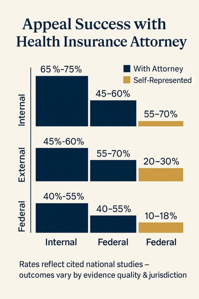 Health Insurance Attorney - Complete Guide 2025 Health Insurance Attorney bar chart of Health Insurance Attorney success rates vs self-representation across appeal levels