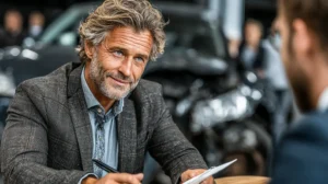 real-life scene showing Car Accident No Insurance discussion between driver and insurance agent