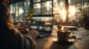 US insurance agent and driver reviewing comparative raters auto insurance quotes on a laptop