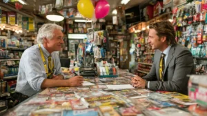 authentic scene of convenience store owner reviewing insurance policy with agent
