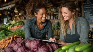 real grocery store owner reviewing grocery store insurance paperwork with advisor