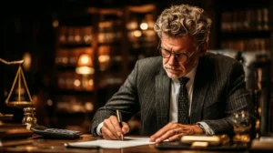 Attorney reviewing cost legal malpractice insurance policy documents in an office