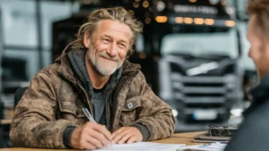 real-life scene showing total trucking insurance paperwork review between trucker and insurance agent