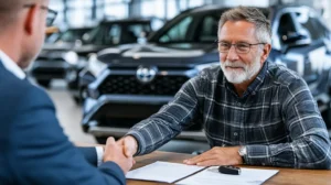 real-life scene showing Toyota auto insurance discussion between driver and advisor