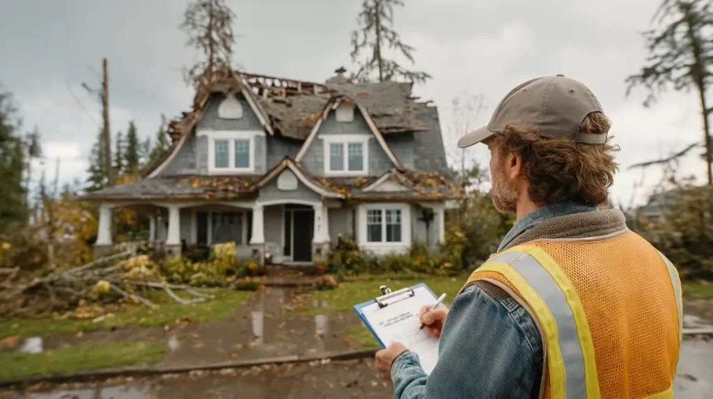 Home Insurance Home Insurance Homeowner examining storm-damaged asphalt shingle roof for insurance claim