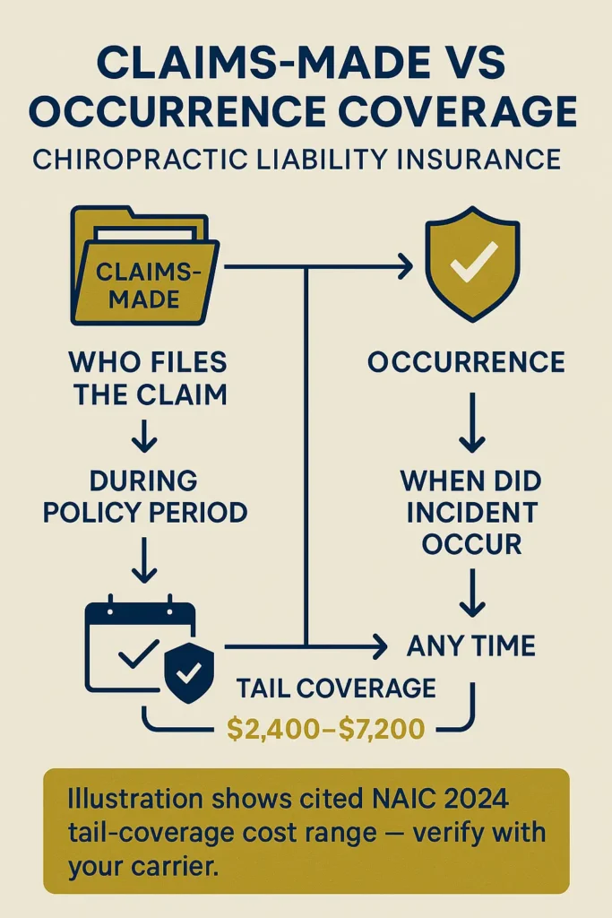 Chiropractic Liability Insurance Guide – 2025 Costs & Coverage Rules chiropractic liability insurance decision-flow diagram comparing claims-made vs occurrence chiropractic liability insurance