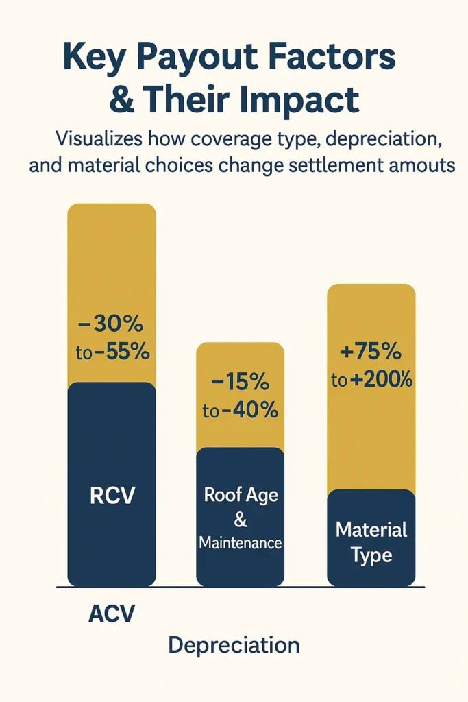 Home Insurance Payout for Roof Damage - Complete Guide 2025 home insurance payout for roof damage comparison bars of key payout calculation factors for Home Insurance Payout for Roof Damage