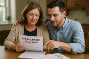 How to file a life insurance claim guide showing American family handling paperwork with trust and support