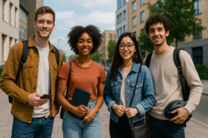 Insurance for youth guide showing diverse young adults standing together confidently in urban setting