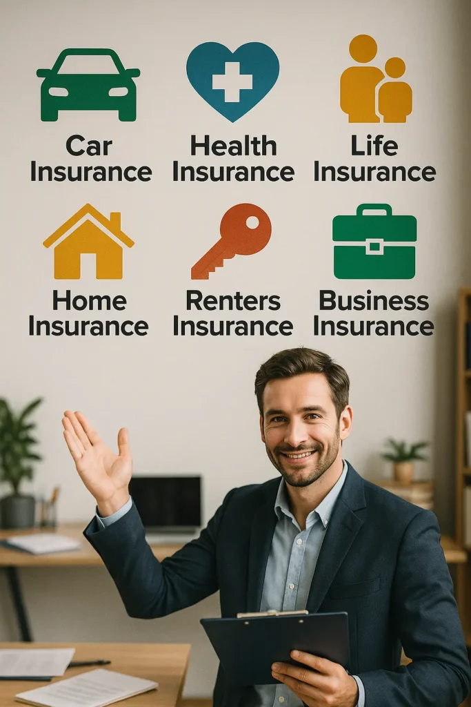 Home Insurance ZENITH Insurance ZENITH - Illustration showing six main types of insurance in the USA: car, health, life, home, renters, and business insurance