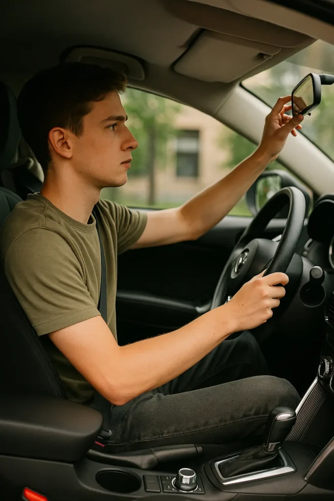 Insurance for Youth - Essential Guide 2025 Insurance for Youth Young driver adjusting rearview mirror in modern compact car, symbolizing youth auto insurance coverage and safety