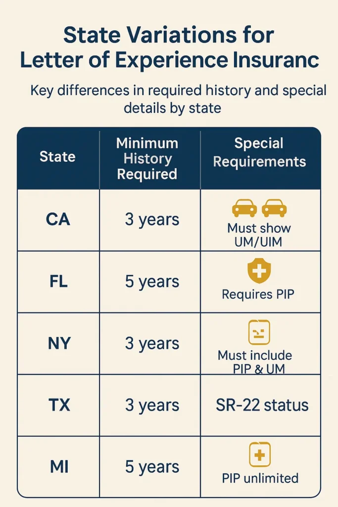 How to Get Your Letter of Experience Insurance (2025 Requirements) letter of experience insurance table-style infographic of state-specific letter of experience insurance requirements