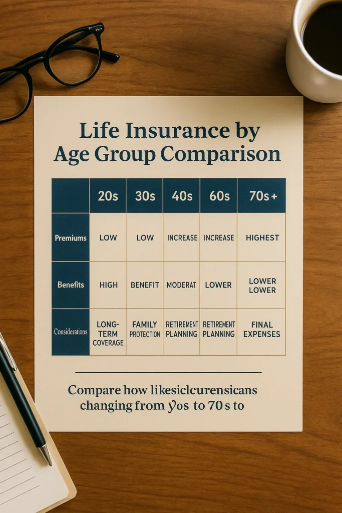 Life Insurance by Age Groups Life Insurance by Age Groups Comparison of life insurance needs and premiums for 20s, 30s, 40s, 50s, 60s and seniors in a printed chart